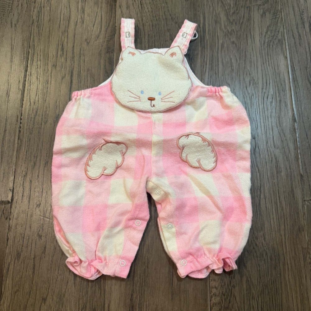 Vintage Baby Overalls Pink White Plaid Kitty Cat Face Applique 3-6 Months Cute‎